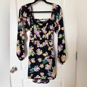 Lush Black Floral Long-Sleeve Mini Dress